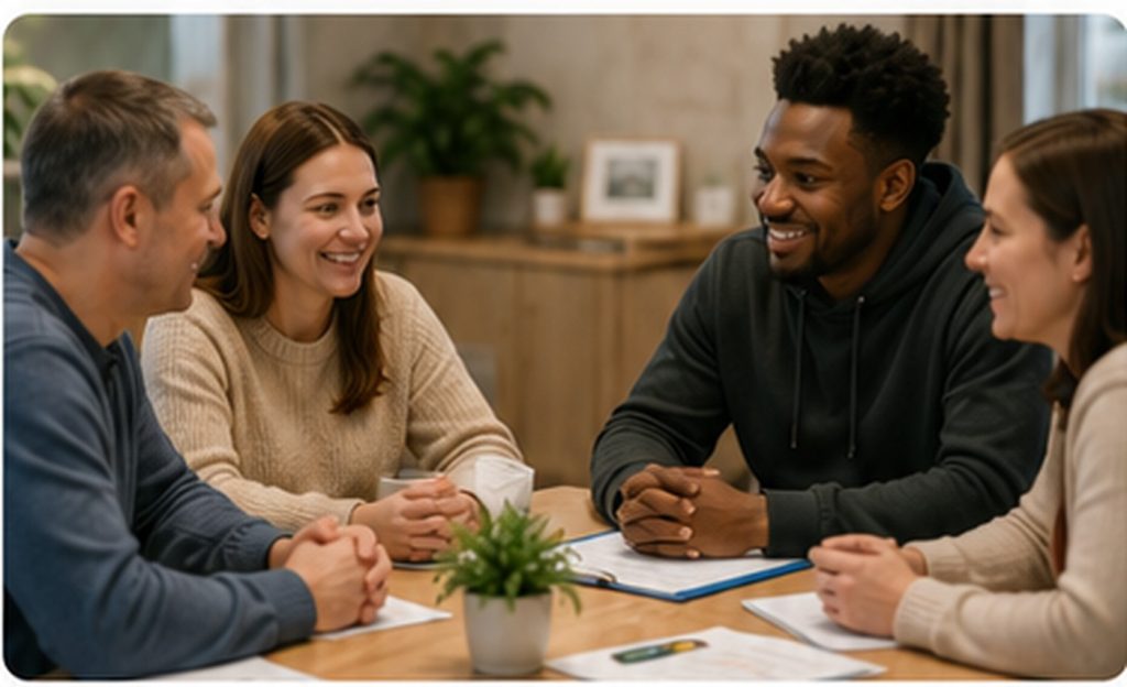 Four people talking together around a table with notes and a plant