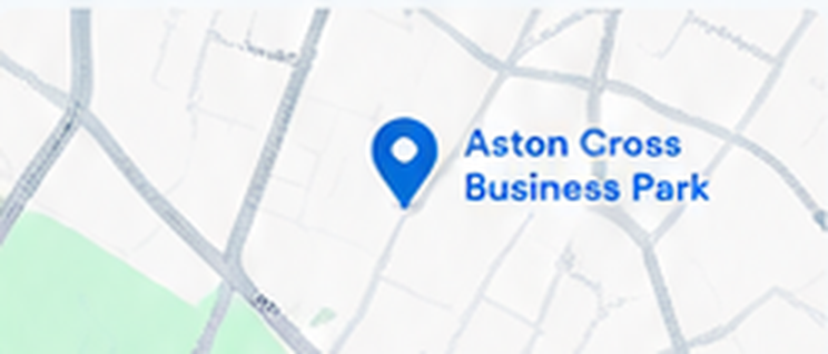 A simplified street map showing the location of Aston Cross Business Park, Rocky Lane, Birmingham