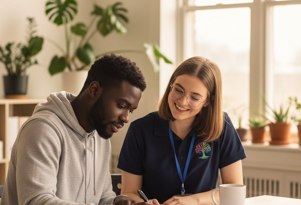 A support worker helping a man complete a support plan at a table