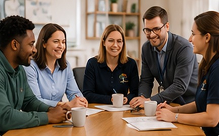 Five colleagues from partner organisations talking together around a meeting table