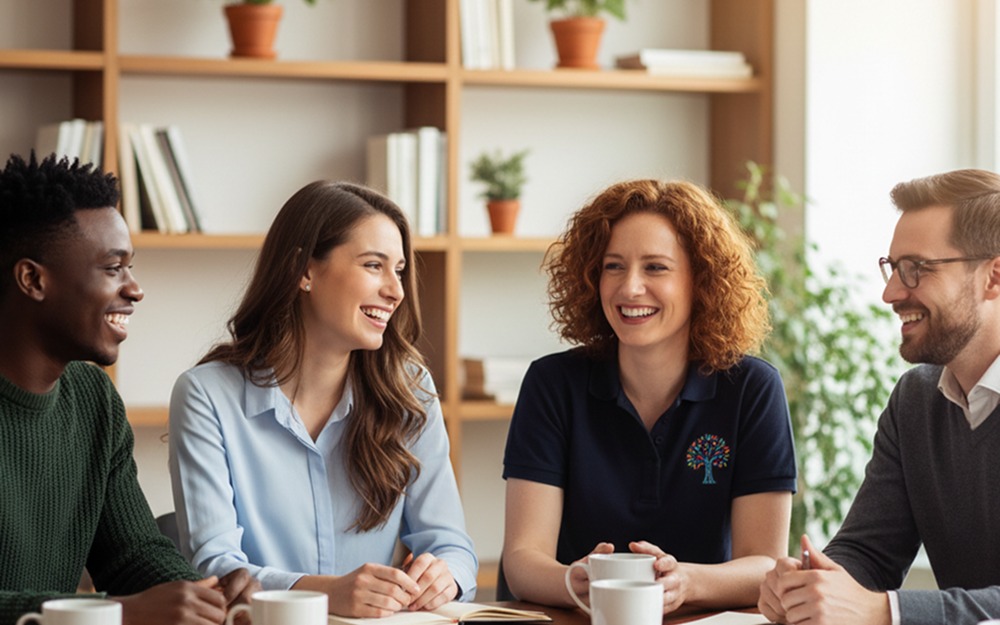 Four colleagues from partner organisations talking around a meeting table