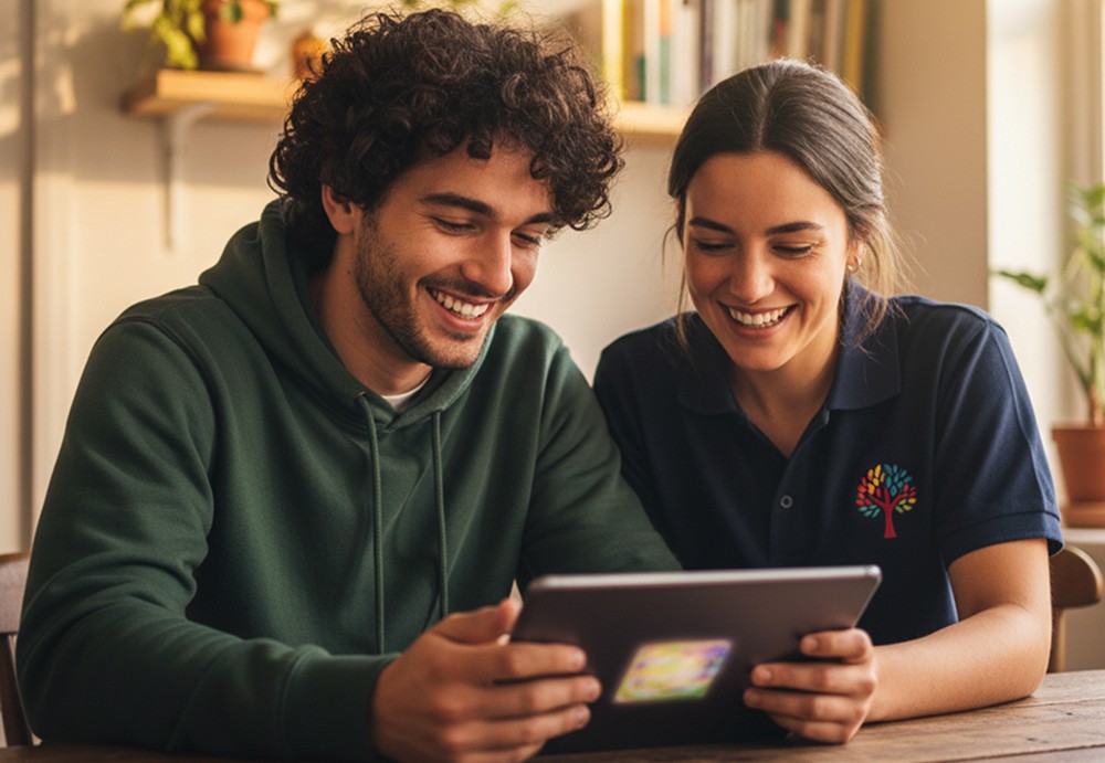 A support worker and a young man looking at a tablet together