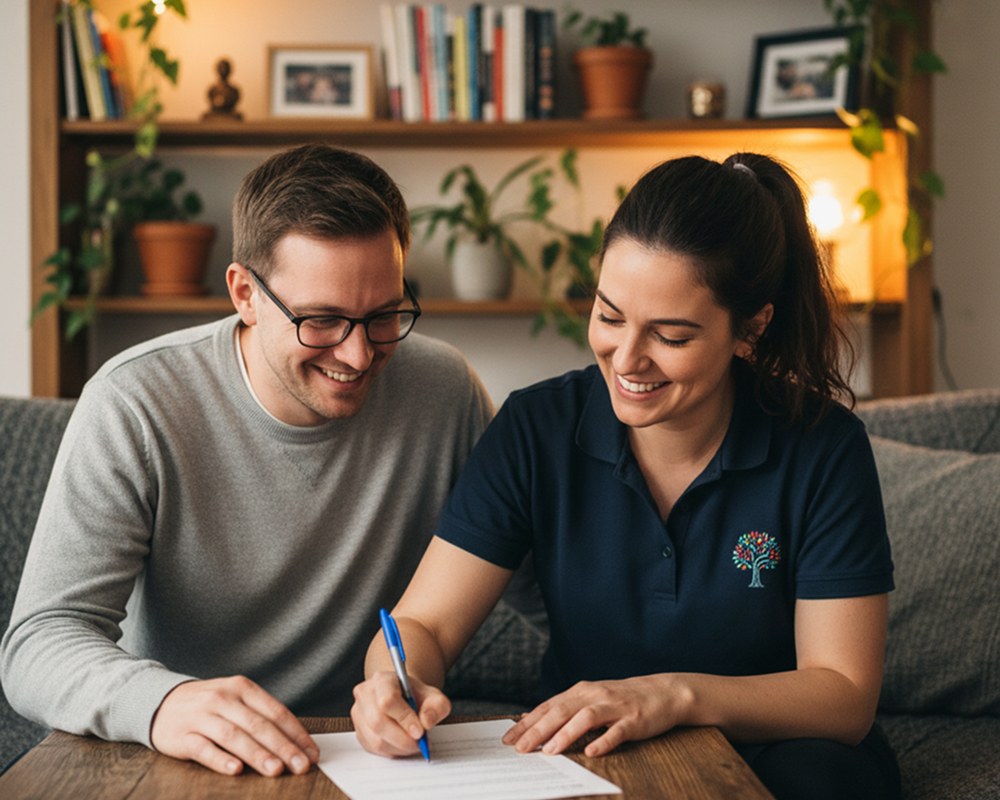 A support worker and a man completing a referral form together at a table at home