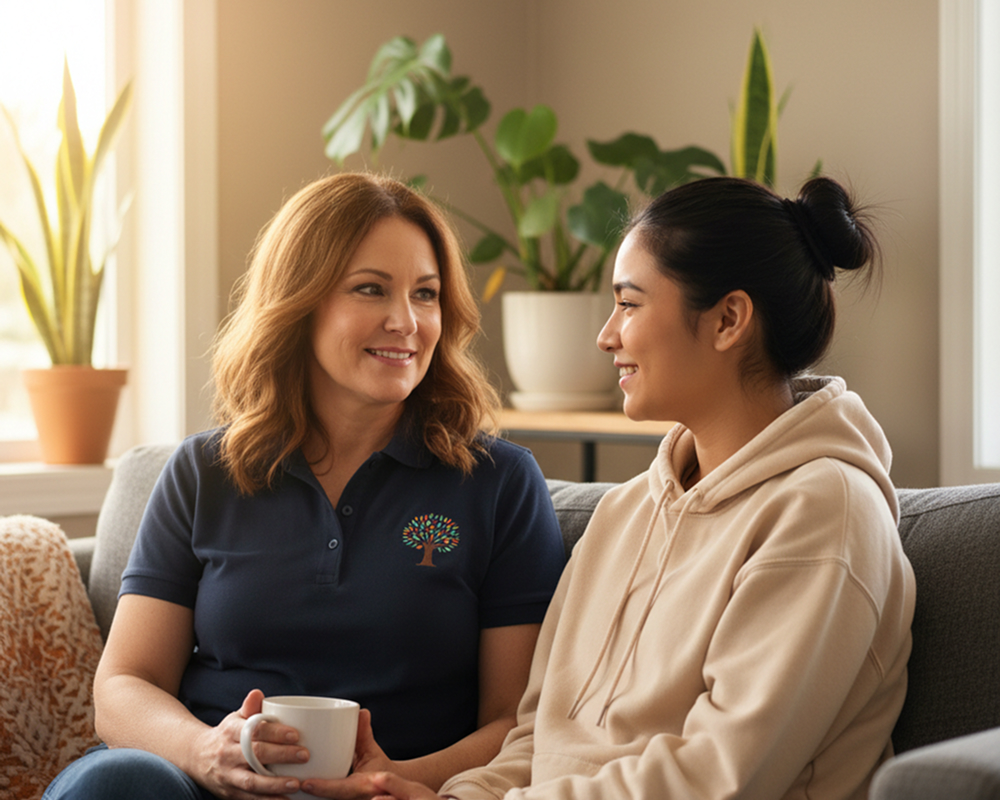 A support worker and a young woman talking together on a sofa over a cup of tea