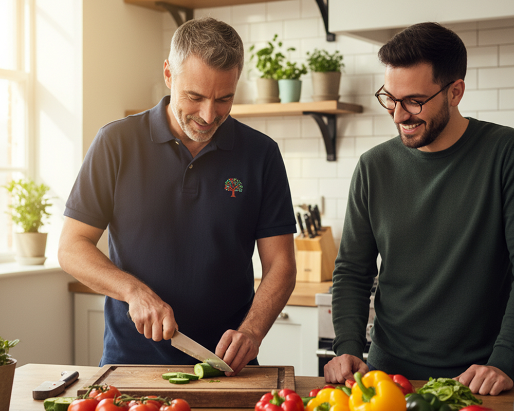 A support worker and a young man preparing vegetables together in a kitchen