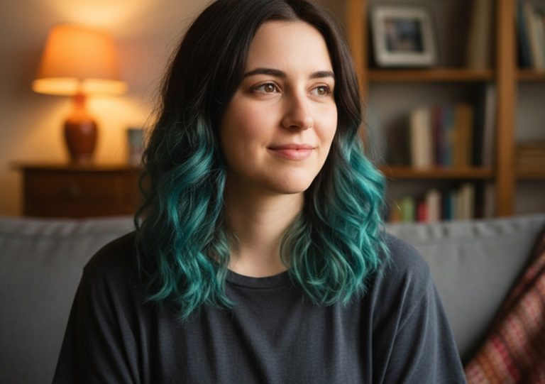 A young woman with teal-tipped hair smiling at home