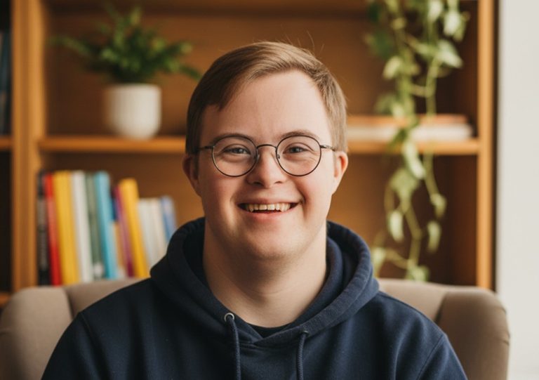 A smiling young man sitting in his living room