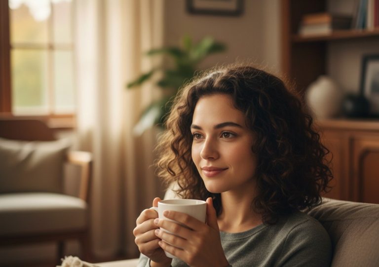 A woman sitting at home holding a mug of tea