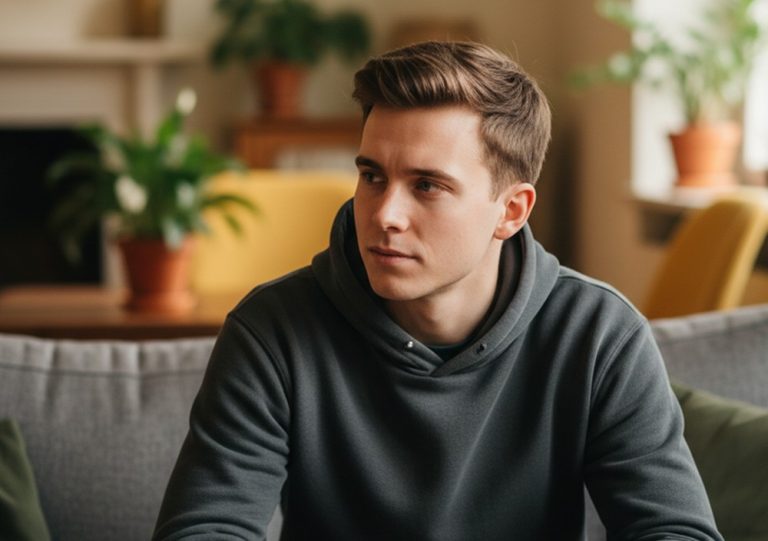 A young man sitting on a sofa in a bright living room
