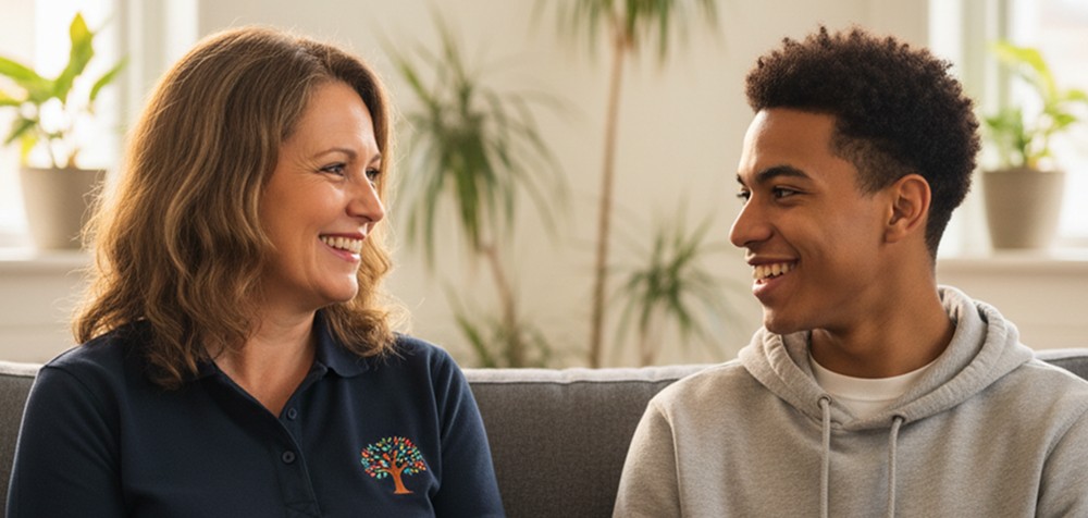 A support worker and a young man talking on a sofa at home